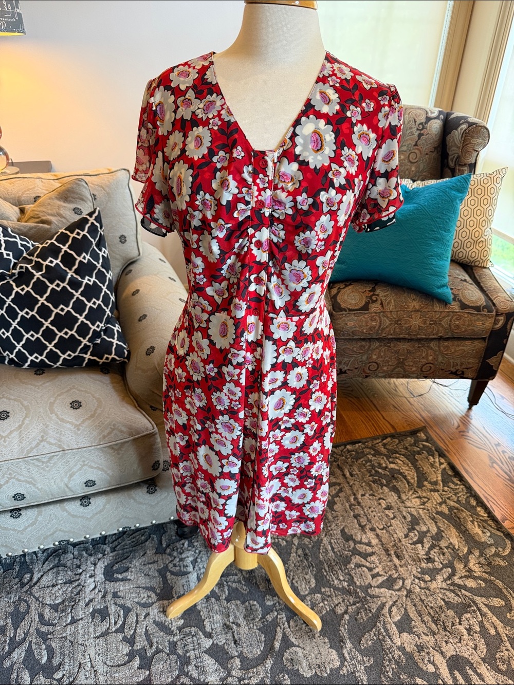 Cabi Red Floral reversable Button-Front Midi Dress#6577